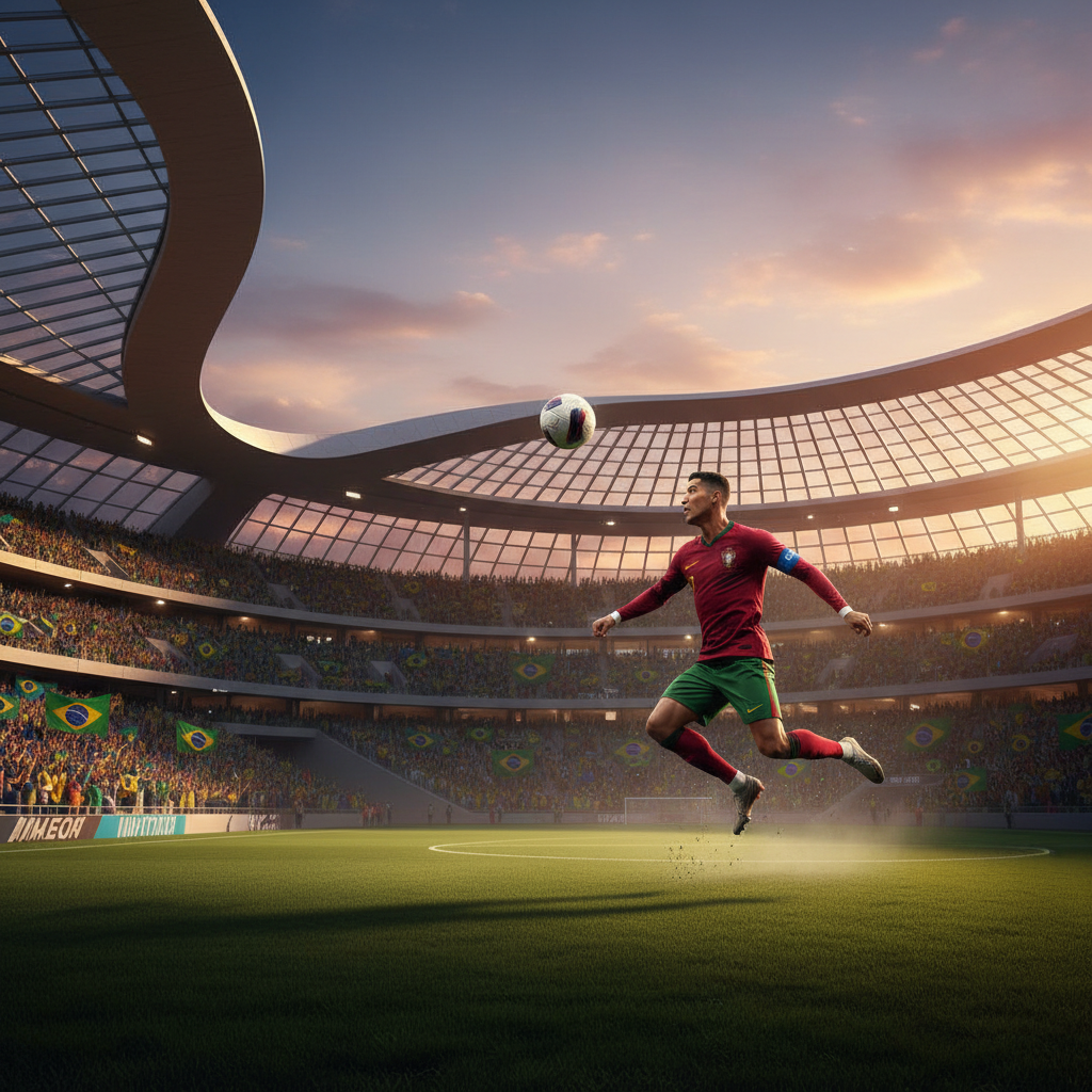 Campo de futebol com jogadores em ação na última copa cristiano ronaldo